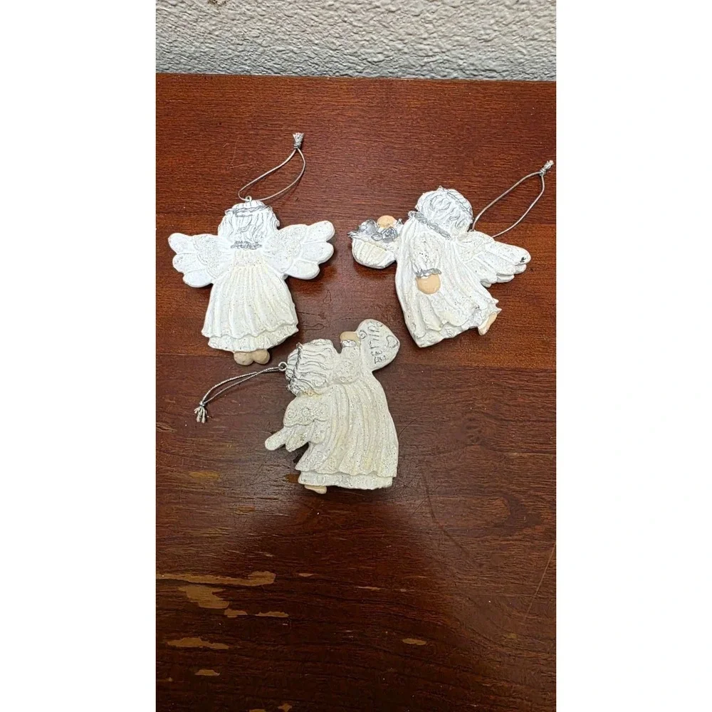 Set Of 3 Hand-Painted Ceramic Angel Christmas Ornaments Glitter Accents & Silver